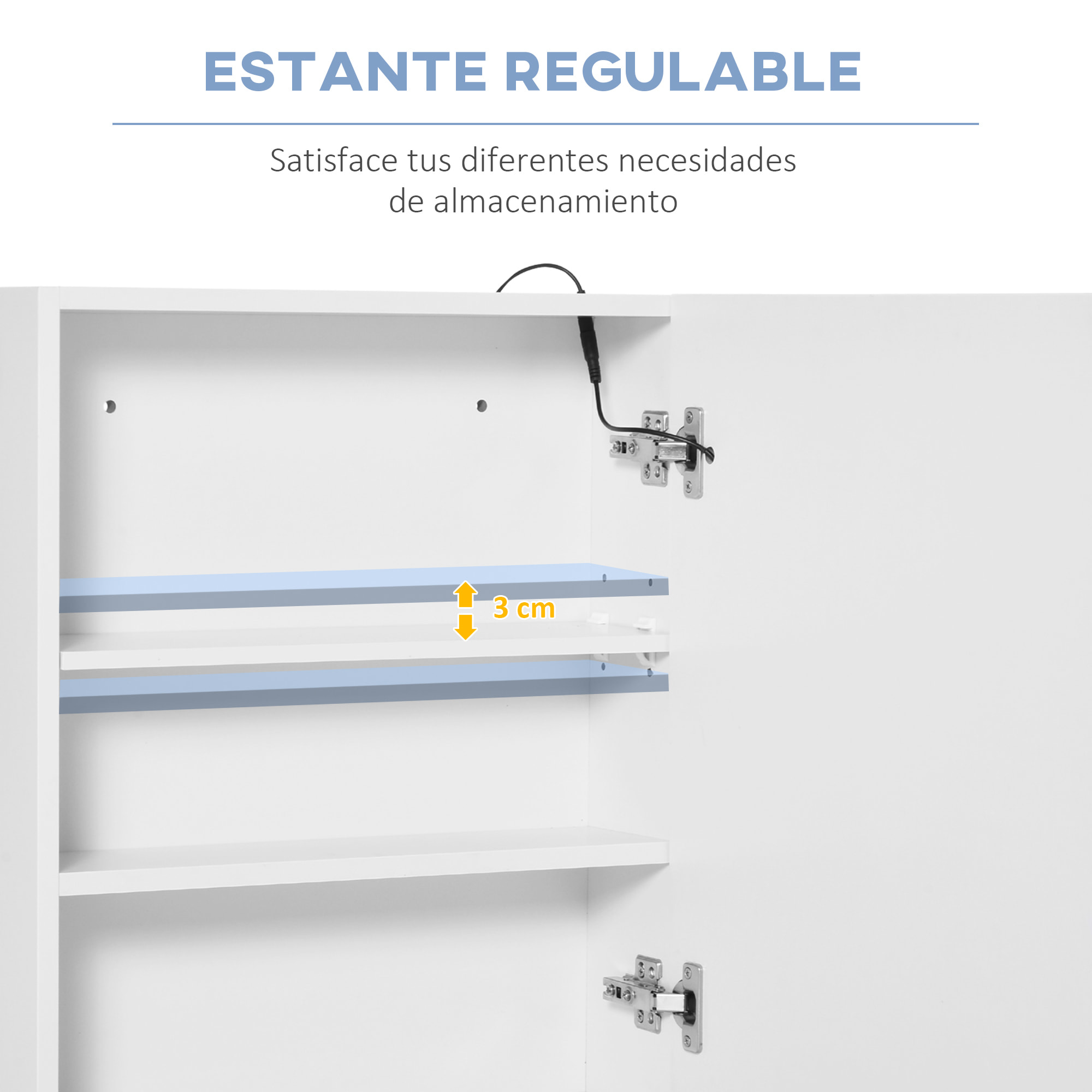 Armario de Baño con Espejo y Luz LED Mueble Espejo de Pared con 2 Estantes de Almacenamiento e Interruptor Táctil para Dormitorio Aseo 50x15x60 cm Blanco