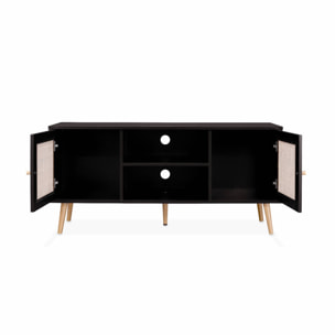 Meuble TV en cannage 120x39x56.5cm -  Bohème - Noir. 2 niveaux. 2 étagères. 2 portes. pieds scandinaves