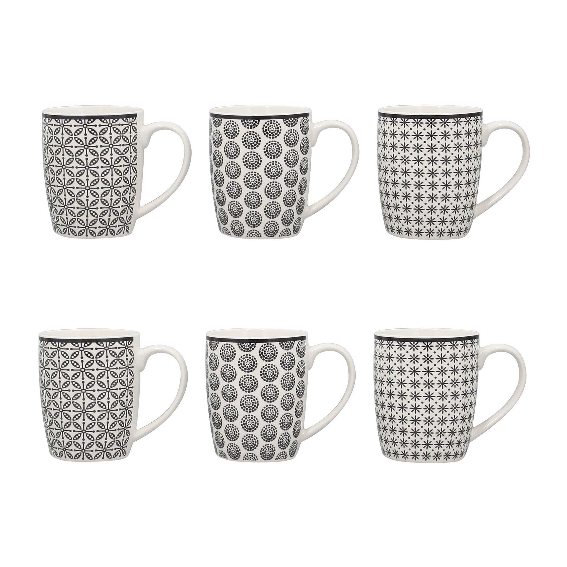 Lot de 6 mugs en porcelaine - 3 décors assortis 32cl GRAPHIK