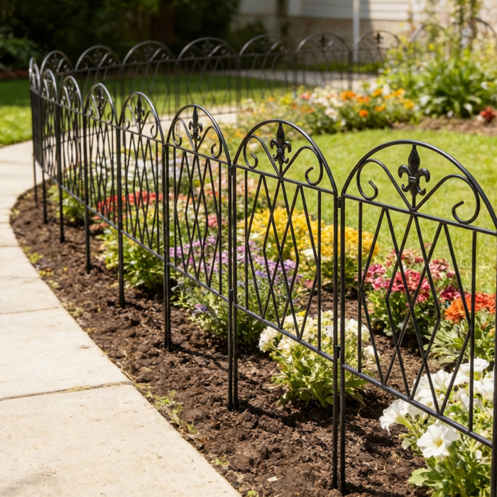Set de 4 Vallas de Jardín de Metal, 125x56 cm, Vallas de Jardín Exterior Decorativas con Diseño Arqueado, Resistente y Fácil de Instalar, para Huerto, Patio, Terraza, Césped, Negro