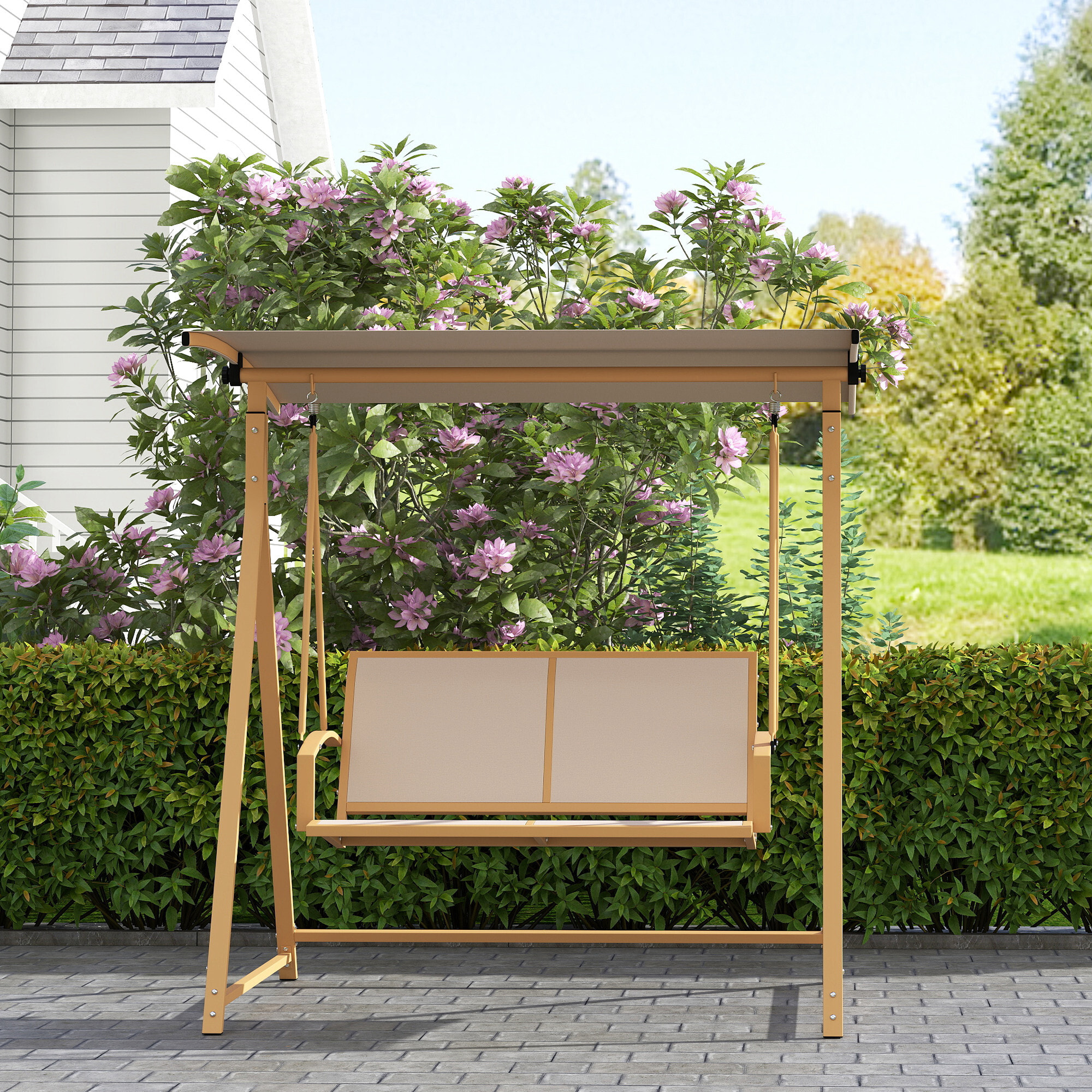 Columpio de Jardín Exterior de 2 Plazas Balancín de Jardín Exterior con Toldo Ajustable 90° Protección UV 30+ y Estructura Triangular de Metal Carga 220 kg 160x112x162 cm Caqui