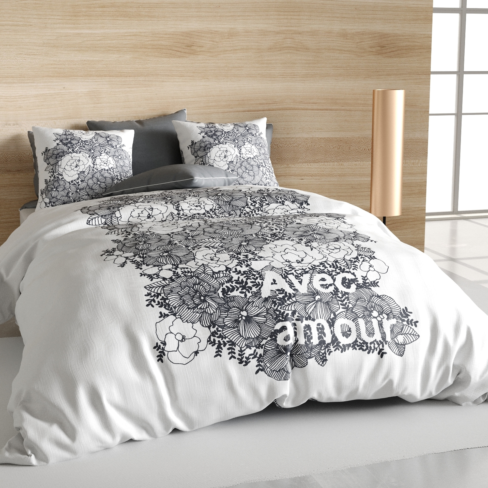 Parure De Couette 3pcs avec Taies oreiller 100% Coton Bio 47 Fils/cm2- Avec Amour