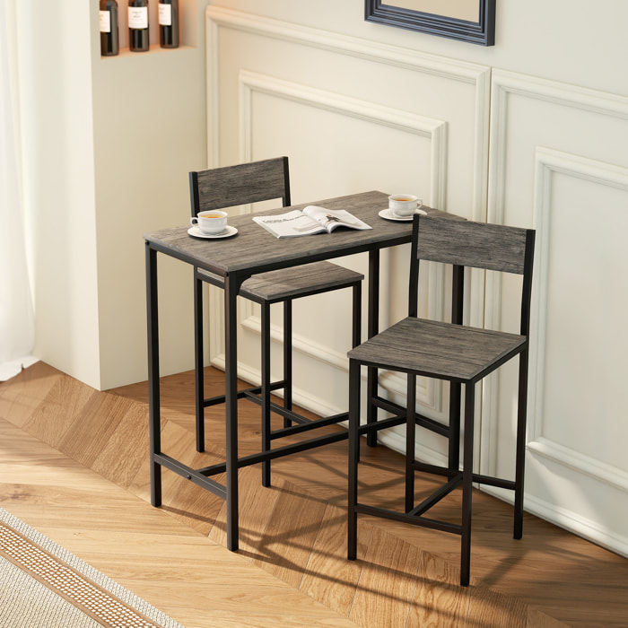 Ensemble table de bar 2 tabourets métal noir effet bois gris