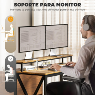 Escritorio Esquinero con Luces LED Escritorio en Forma de L con Estación de Carga 2 Compartimentos 2 Cajones de Tela Soporte para Monitor para Oficina en Casa Marrón Rústico