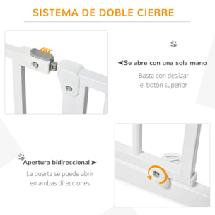 Barrera de Seguridad de Perros Extensible para Escaleras y Puertas 75-145 cm con 3 Extensiones de 10/20/30 cm Montaje a Presión Acero Altura 76 cm Blanco