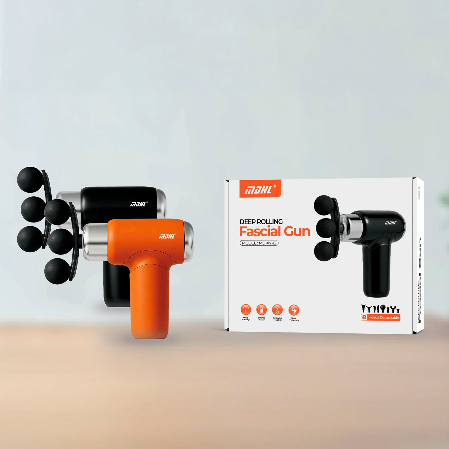 Pistola de masaje fascia MD-XY-12 con 6 velocidades, batería de 1200 mAh. Incluye 9 cabezales intercambiables.