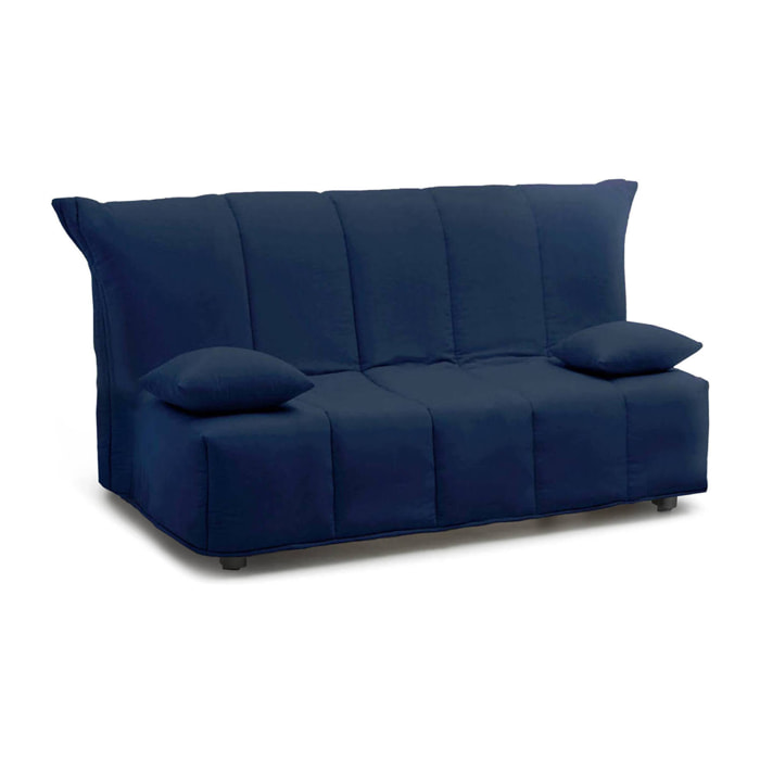 Divano letto 2 posti Ariska, Sofà Soggiorno con apertura a carrello in tessuto imbottito, Cuscini inclusi, 100% Made in Italy, Cm 125x90h85, Blu