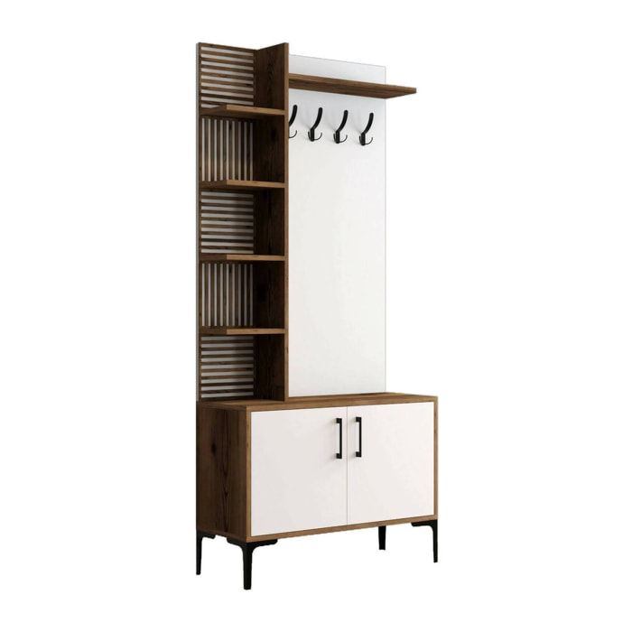 Mobile da ingresso Anja, Entratina appendiabiti, Composizione per atrio, Consolle portaoggetti multifunzione, 90x35h200 cm, Noce e Bianco