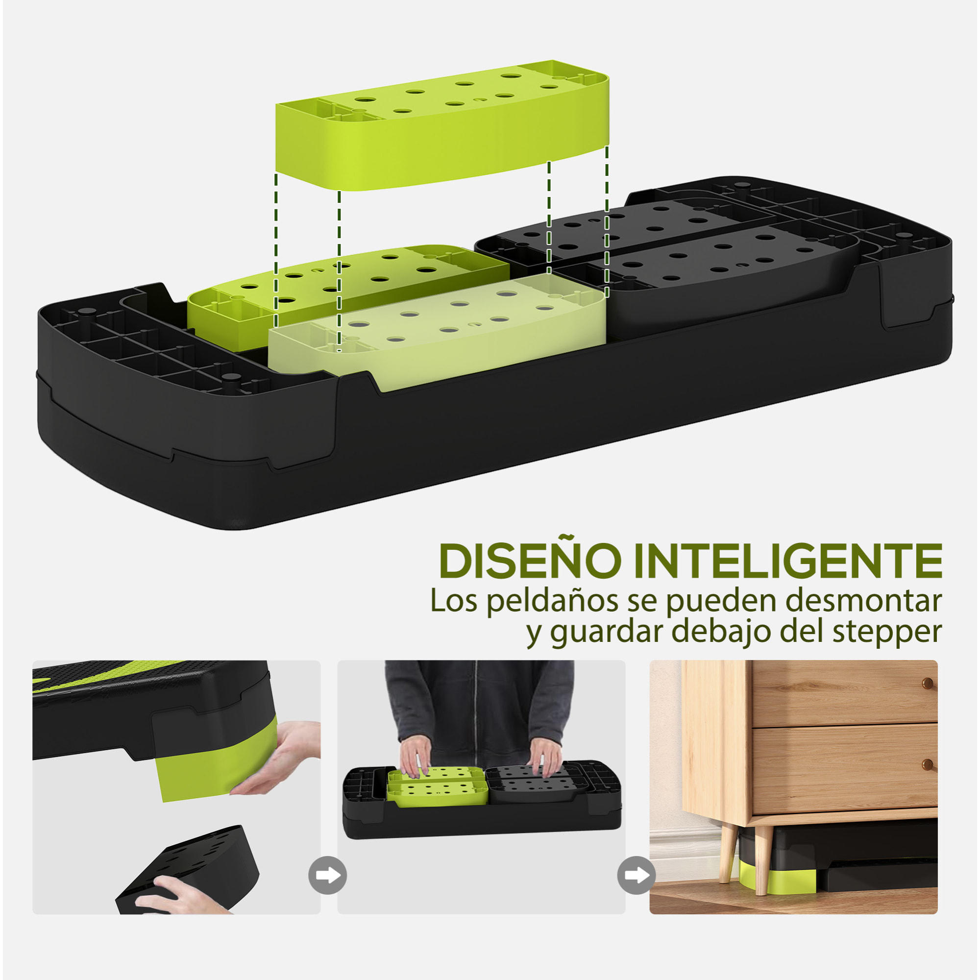 Step de Aeróbic Step para Fitness Antideslizante con Altura Regulable 3 Niveles de 10/15/20 cm Tabla Plataforma Stepper para Ejercicio en Casa Gimnasia Carga 150 kg 80x31x20 cm Verde y Negro