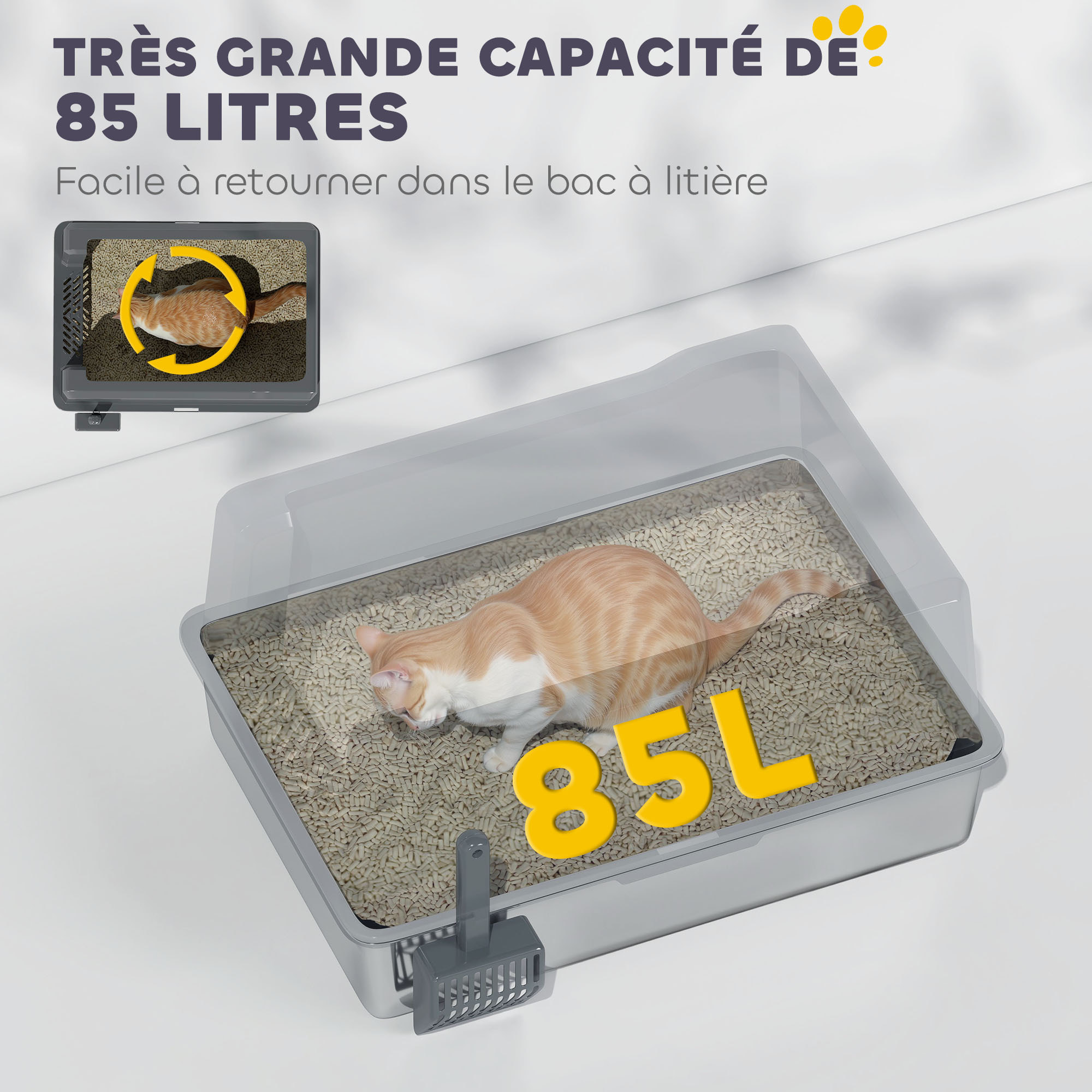 Maison de toilette XXL 85L design - bac à litière grande taille 71 x 50 x 35 cm - acier inox ABS gris