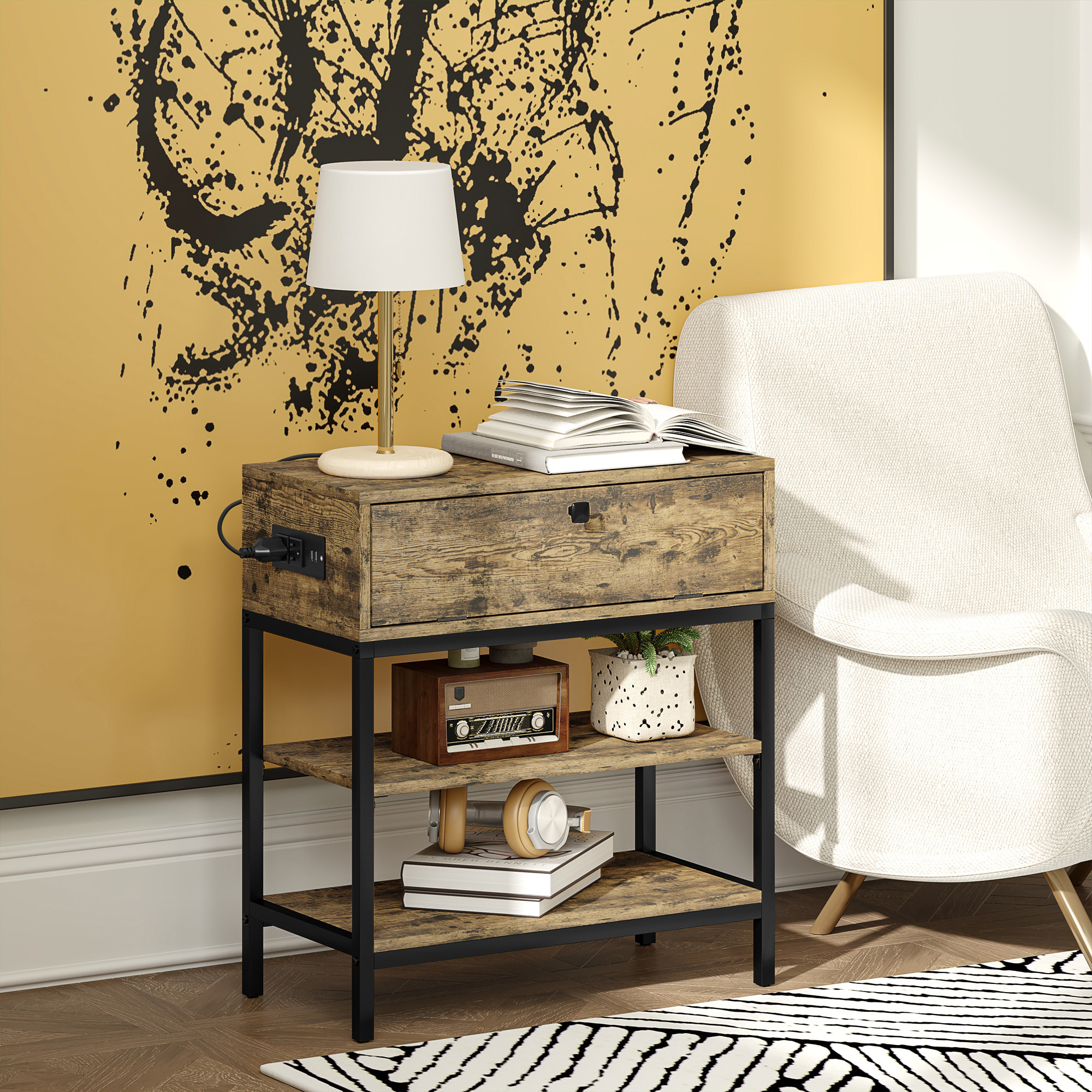 Mesa Auxiliar con Estación de Carga Mesita Auxiliar Industrial con Cajón y Estantes Abiertos Mesa Auxiliar para Salón Dormitorio Marrón Rústico