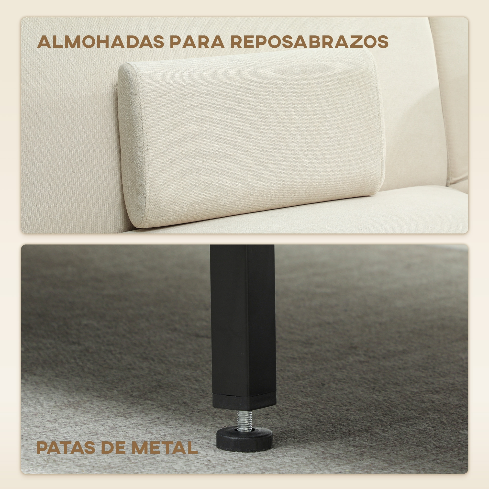 Sofá Cama de 3 Plazas con Mesa Auxiliar, 3 en 1, Sofá Cama Convertible con Respaldo Ajustable, Apertura Clik-Clak, 2 Almohadas para Reposabrazos y Patas de Metal, 196x86x81 cm, Beige