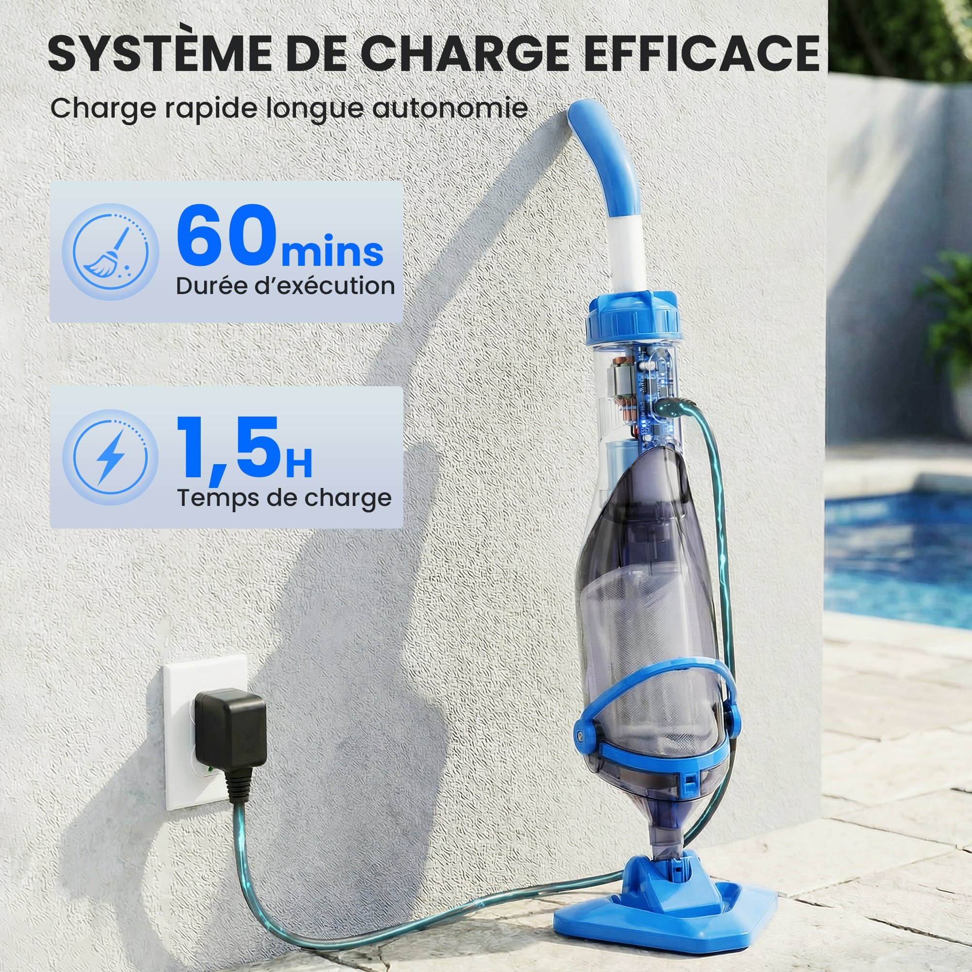 Aspirateur de piscine sans fil autonomie 60 min. 1200 l/h manche télescopique blanc bleu