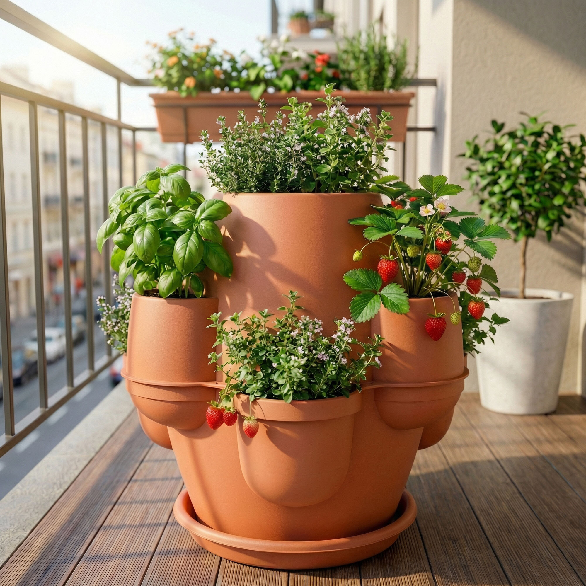 Oasi - Fioriera Da Giardino 80x80x80 Cm Con 6 Tasche Perimetrali E Sottovaso Terracotta