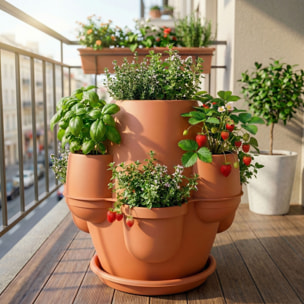 Oasi - Fioriera Da Giardino 80x80x80 Cm Con 6 Tasche Perimetrali E Sottovaso Terracotta