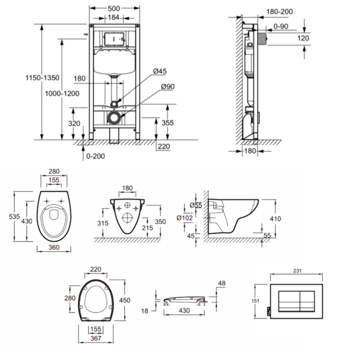 Pack cuvette WC suspendu sans bride Patio avec abattant + bâti support + plaque