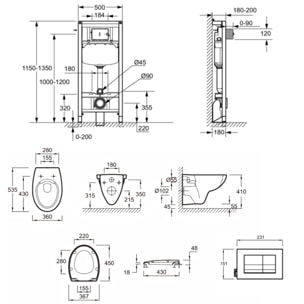 Pack cuvette WC suspendu sans bride Patio avec abattant + bâti support + plaque