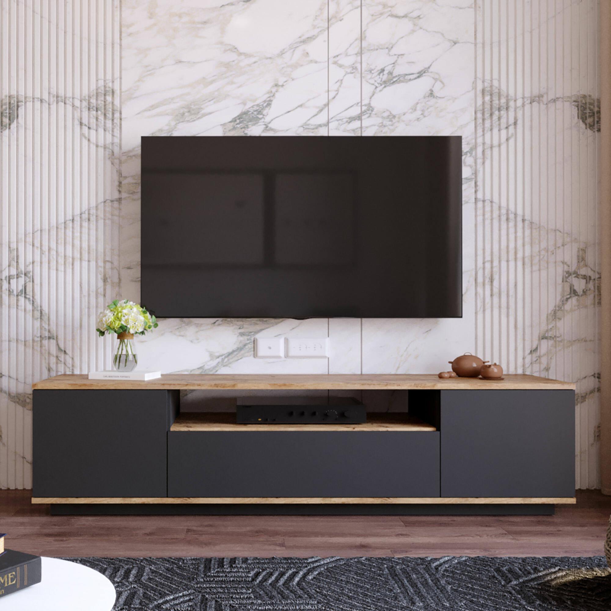 Mobile porta TV Dpierott, Credenza da soggiorno, Armadio basso per TV, Base parete attrezzata, 180x45h45 cm, Quercia e Antracite