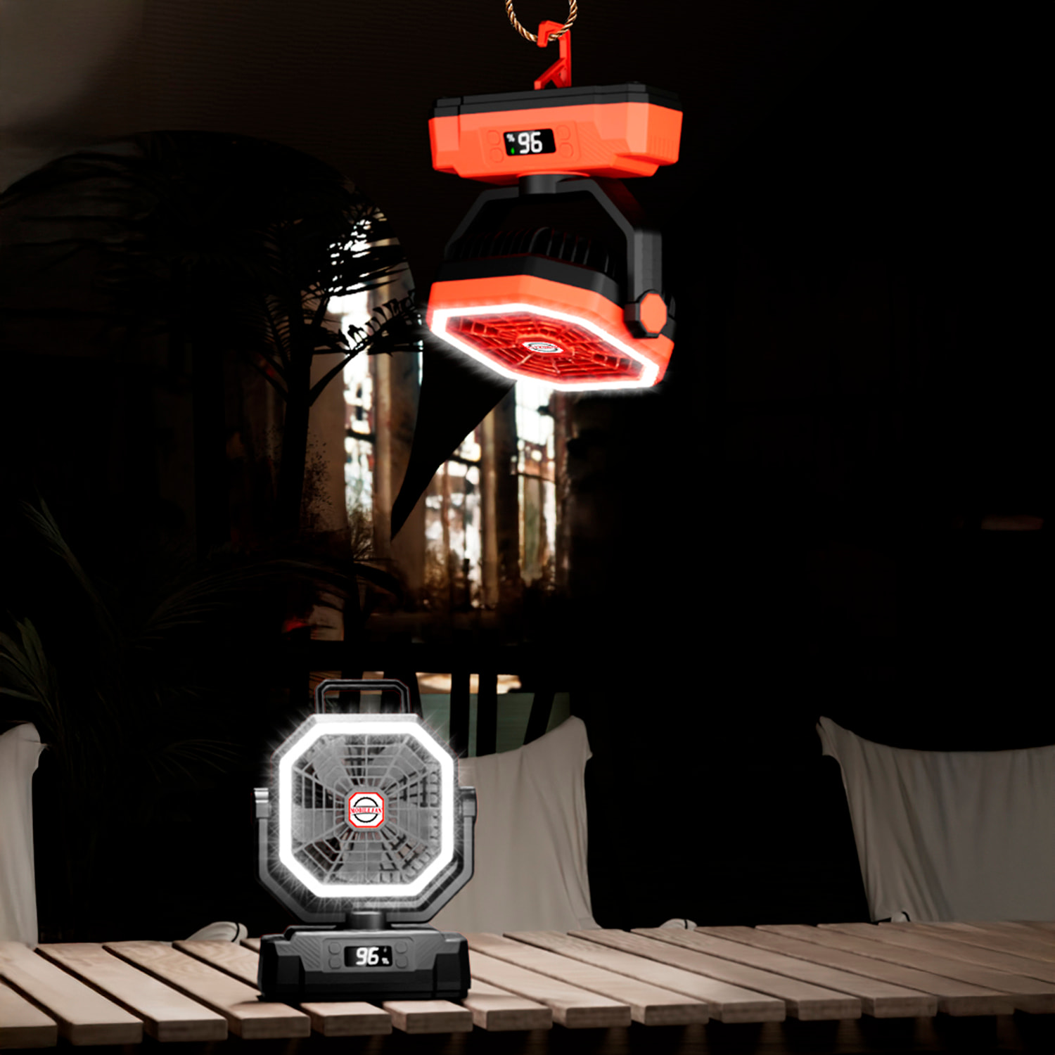 Ventilatore P60 con motore senza spazzole, LED con 32 luci, 5 velocità e 3 livelli di luce. Oscillazione di 120º e angolo regolabile di 90º. Con gancio per appendere e powerbank da 20000 mAh.