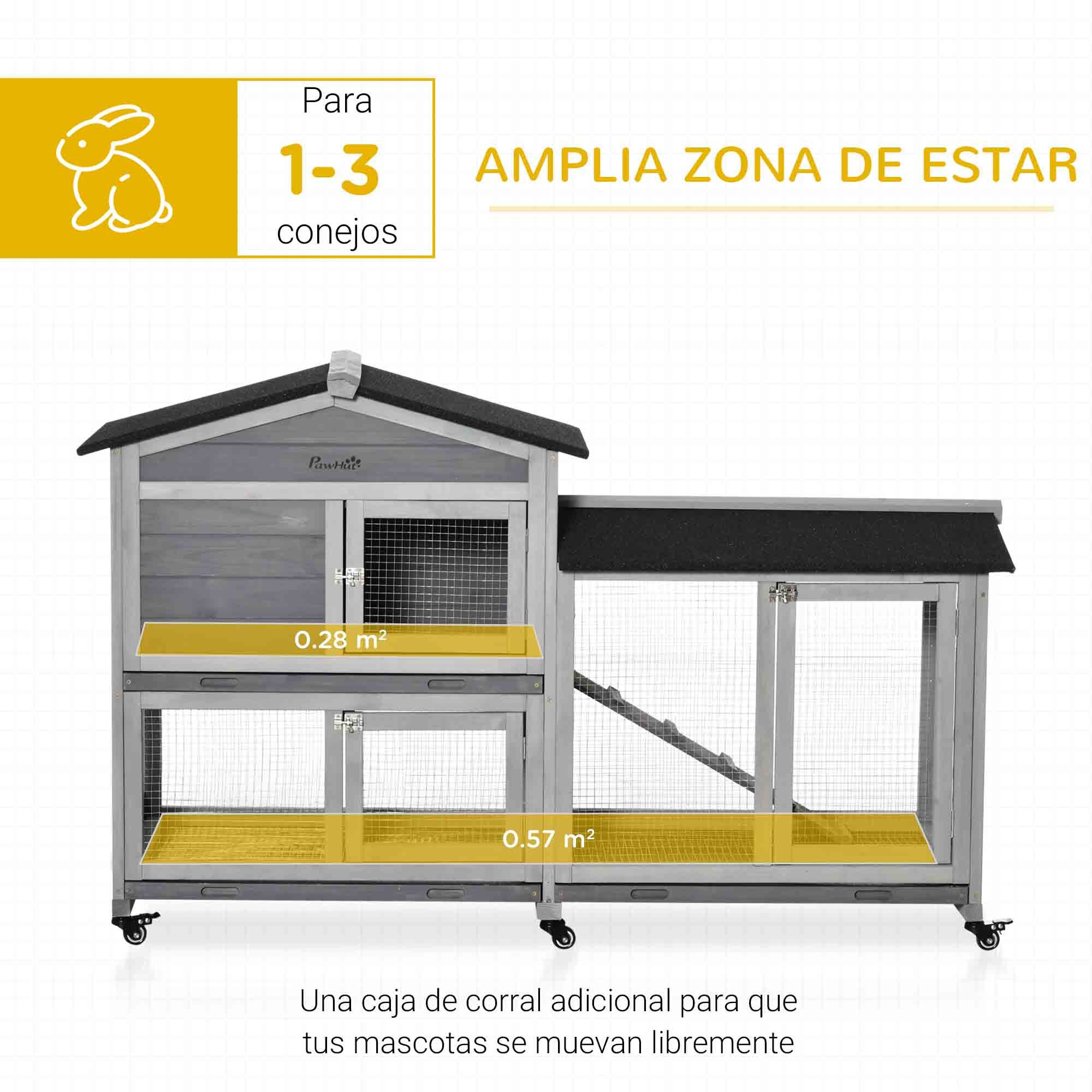 Conejera de Madera 157,4x53x99,5 cm Jaula para Conejos Grande con Ruedas Techo Asfáltico Bandeja Extraíble y Rampa para Exterior Gris