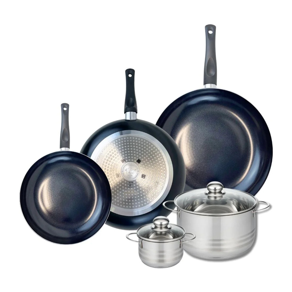 Ensemble de 3 Poêles de cuisson 24, 28 et 32 cm et 2 faitouts 12 et 20 cm Elo Prima Brillant