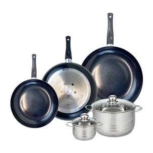 Ensemble de 3 Poêles de cuisson 24, 28 et 32 cm et 2 faitouts 12 et 20 cm Elo Prima Brillant