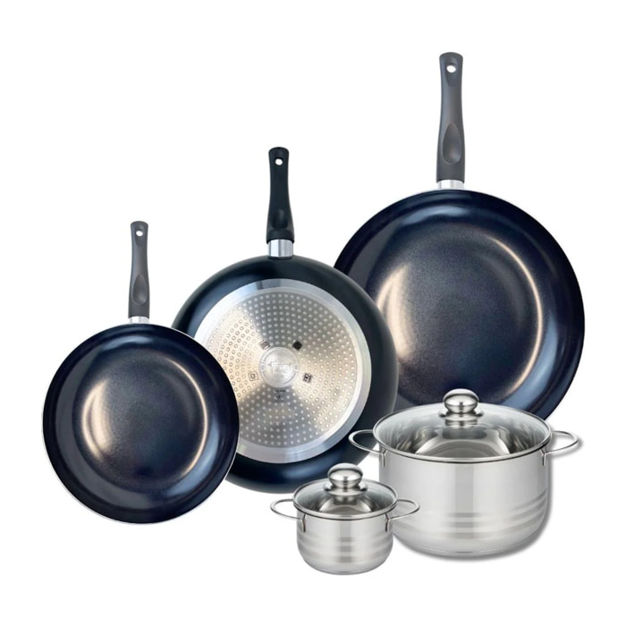 Ensemble de 3 Poêles de cuisson 24, 28 et 32 cm et 2 faitouts 12 et 20 cm Elo Prima Brillant
