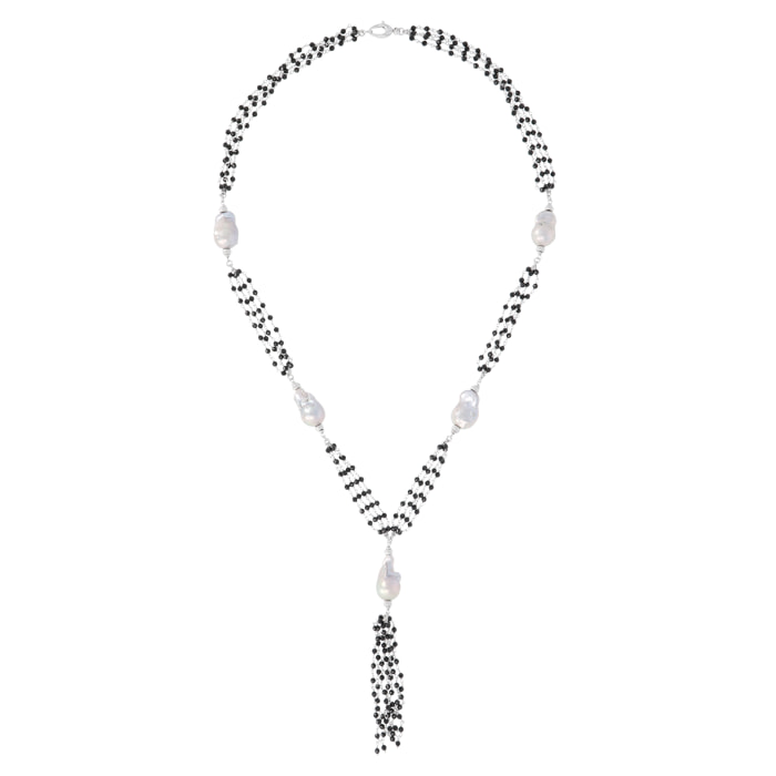 Collana Rosario a Cravatta con Perle Barocche d'Acqua Dolce e Spinello Nero Ø 14/16 mm