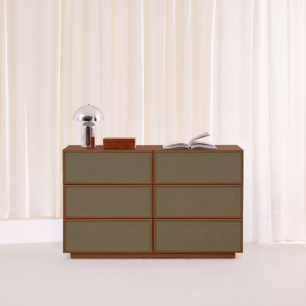 Commode de rangement décor bois et tissu 6 tiroirs KUBA