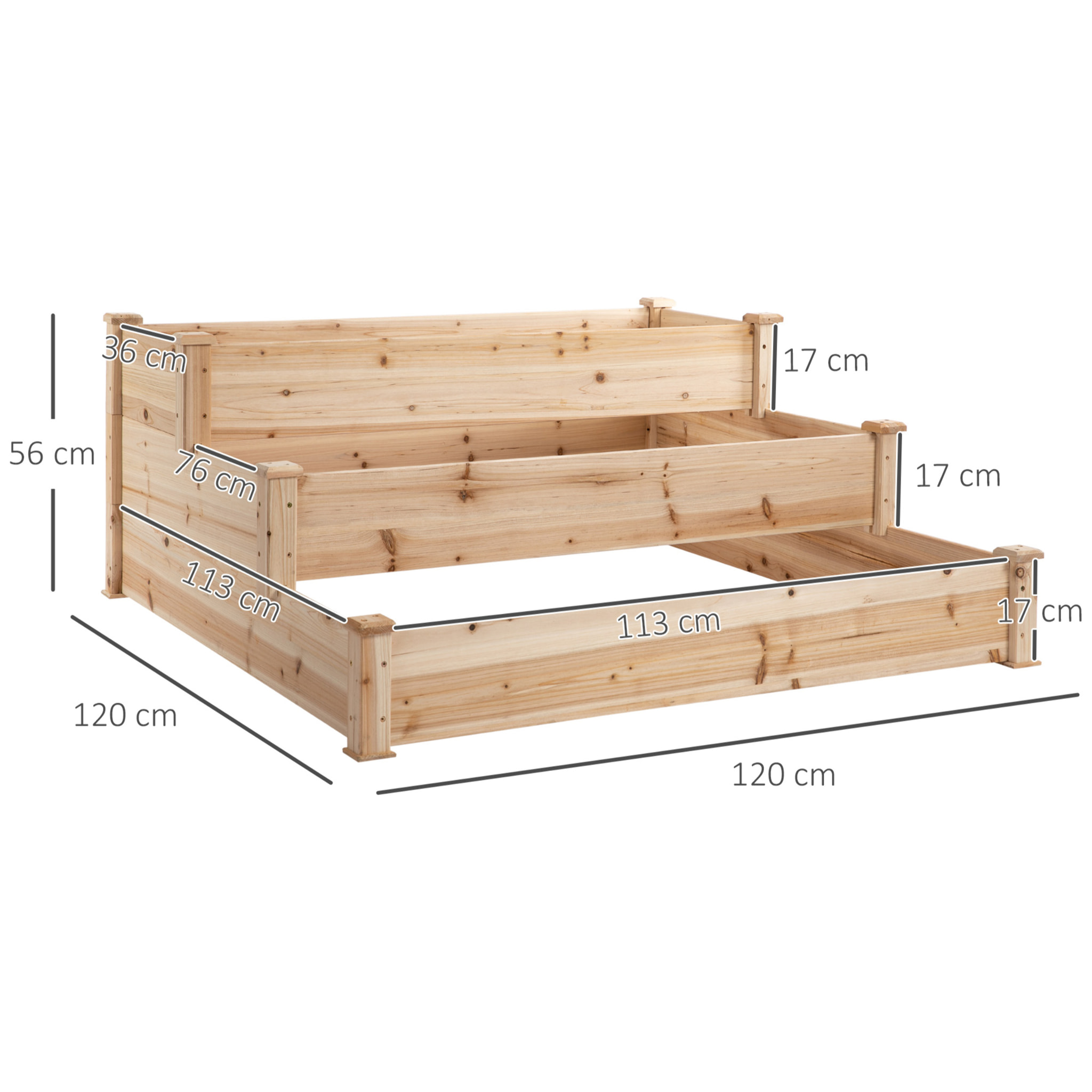 Jardinera Exterior Grande de Madera Arriate de Jardín de 3 Niveles con Diseño de Escalera Huerto Urbano para Cultivos Plantas Flores para Patio Terraza Balcón 120x120x56 cm Natural