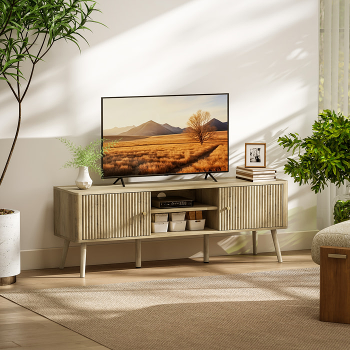 Meuble TV design effet cannelé naturel 2 portes 2 niches bois de pin effet bois clair