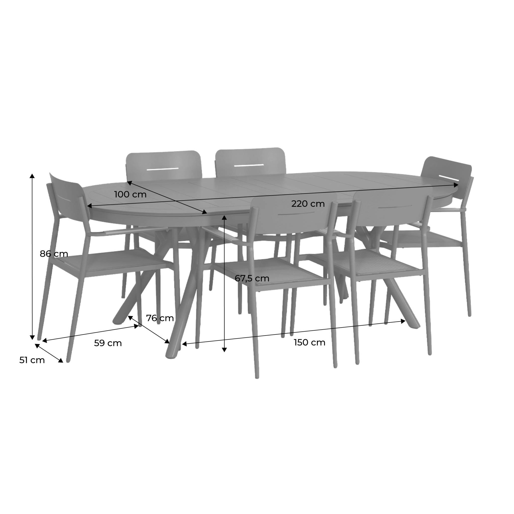 Table de jardin ovale extensible aluminium + 6 assises METORA + FIRA