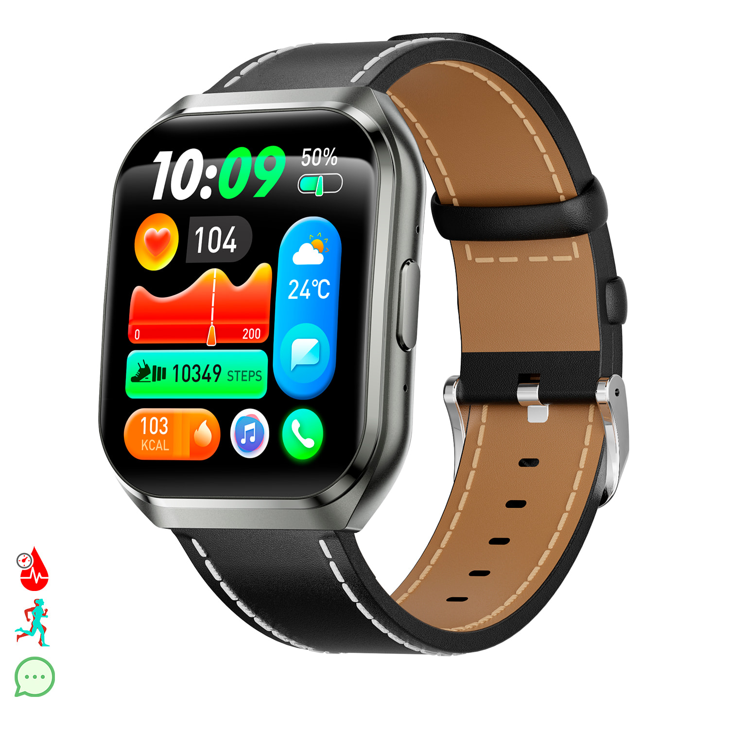 Smartwatch QS66. Pantalla de 1.83" con batería de larga duración. Llamadas Bluetooth, asistente de voz, monitor de salud y múltiples modos deportivos. Correa de cuero.