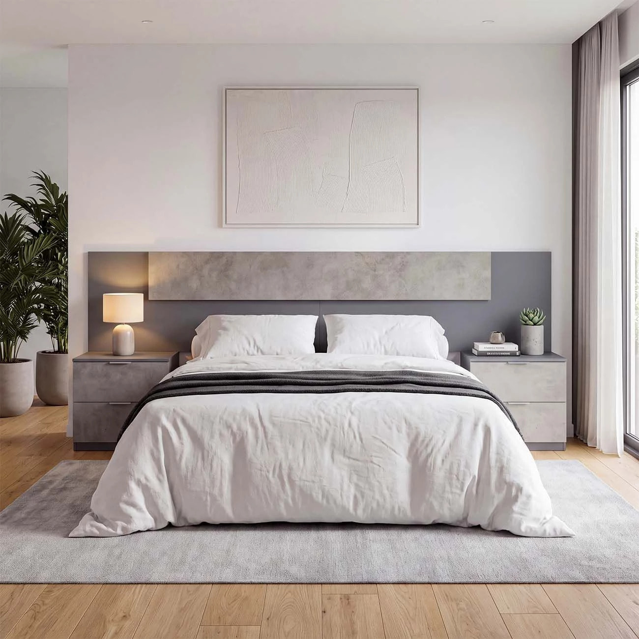 Cabecero para cama de 135-150 cm y 2 mesitas con cajones en gris grafito y gris cemento Akari Gris Grafito - Gris Cemento