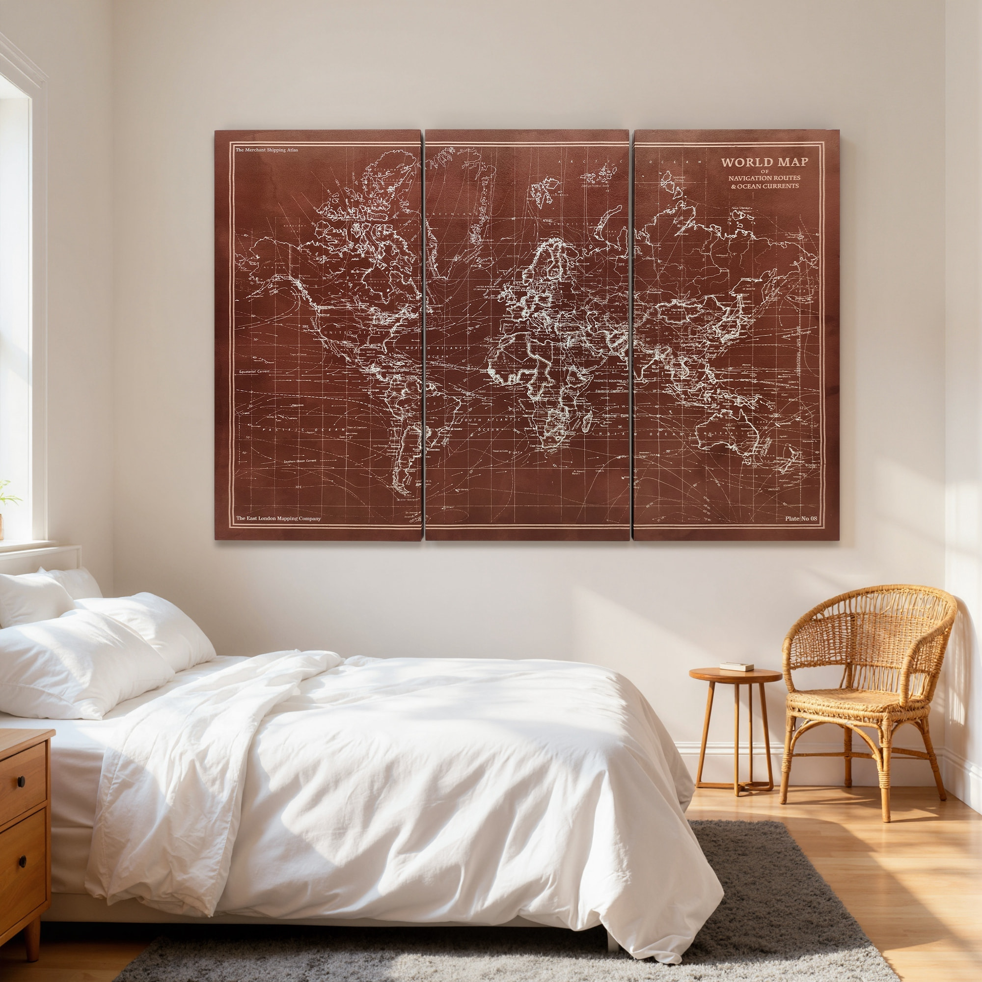 Cuadros en Lienzo Trípticos de Mapamundi Vintage a Mano, 120x60 cm, Cuadros Grandes de Arte de Pared con Marco de Madera, Decoración Elegante para Dormitorio, Salón, Cocina, Marrón