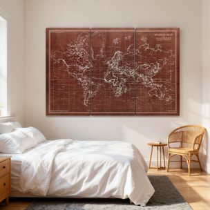 Cuadros en Lienzo Trípticos de Mapamundi Vintage a Mano, 120x60 cm, Cuadros Grandes de Arte de Pared con Marco de Madera, Decoración Elegante para Dormitorio, Salón, Cocina, Marrón