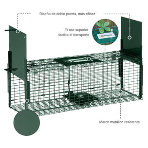 Trampa para Animales Vivos 60x18x20 cm Jaula Trampa para Gatos con 2 Puertas Asa y Marco de Acero para Conejos Ardillas Hurones Verde