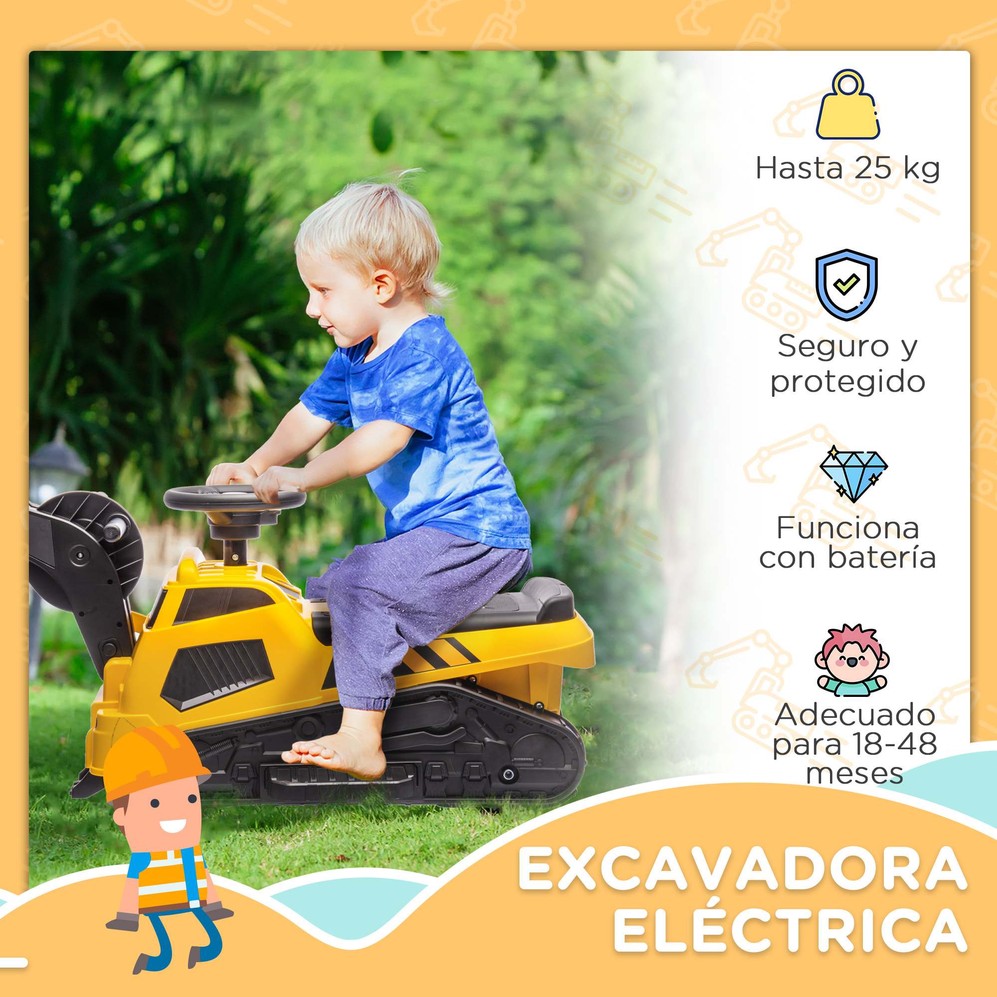 Tractor Excavadora Eléctrica para Niños de Meses Vehículo Infantil 3 en 1 con Batería 6V Pala y Apisonadora Carga 25 kg 100x43x48,5 cm Negro y Amarillo