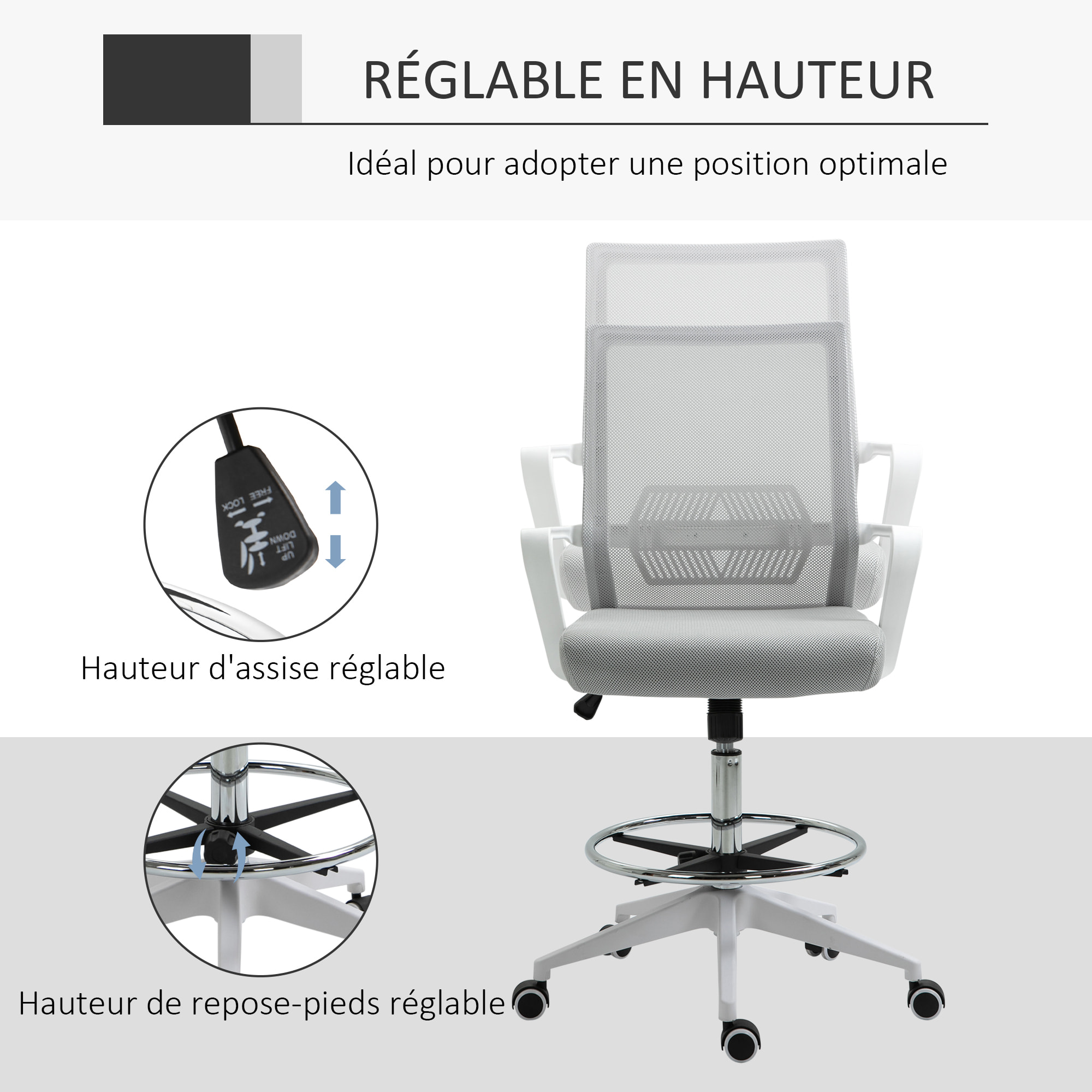 Fauteuil de bureau chaise de bureau assise haute réglable dim. 64L x 59l x 104-124H cm pivotant 360° maille respirante gris