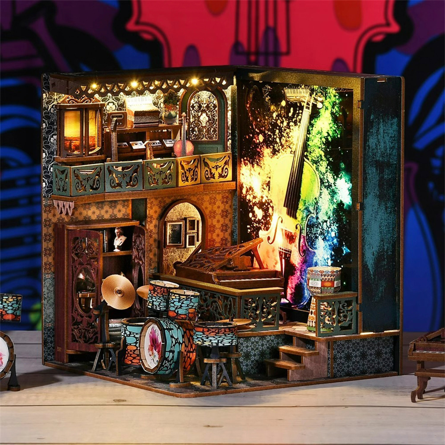 Explosión de notas. Book Nook de madera, diseño 3D realista, marco luminoso con fondo intercambiable.