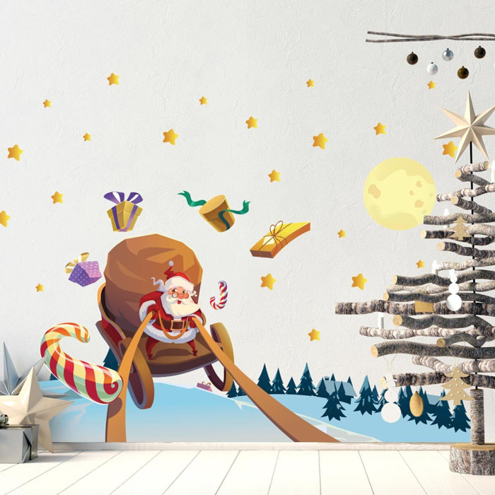 Sticker Noël le père noël à la recherche des cadeaux - Autocollants stickers adhésifs noël - décoration fêtes