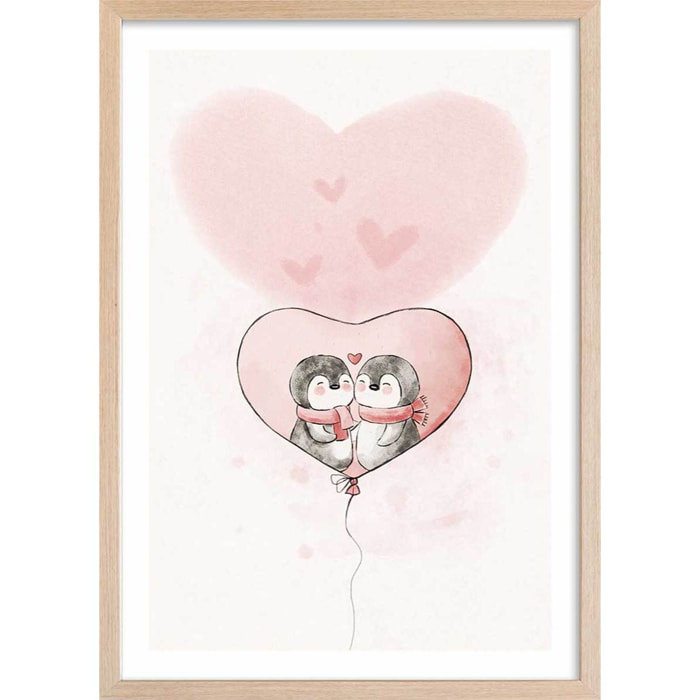 Affiche enfant pingouin amoureux  Affiche + cadre en bois - Chêne