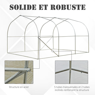 Serre tunnel de jardin dim. 3,5L x 3l x 2H m porte + 6 fenêtres enroulables acier galvanisé bâche PE haute densité blanc