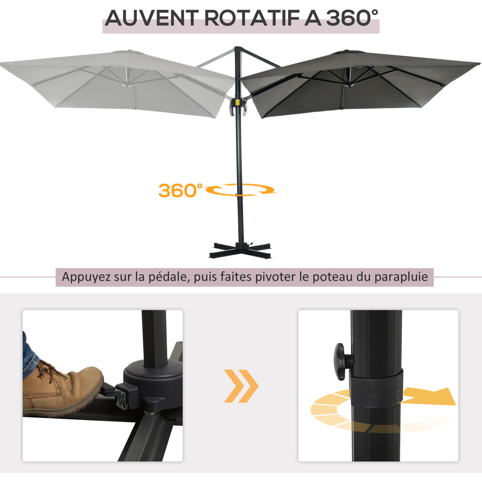 Parasol déporté carré inclinable manivelle avec pied en acier dim. 2,45L x 2,45l x 2,45H m métal alu. polyester haute densité gris