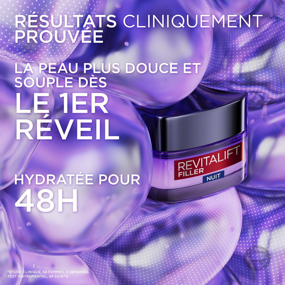 L’Oréal Paris, Revitalift Filler, crème de nuit anti-rides, hydratation longue durée, triple acide hyaluronique, atténue visible