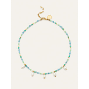 Collar Crystal Blue Pearls Acero Baño Oro