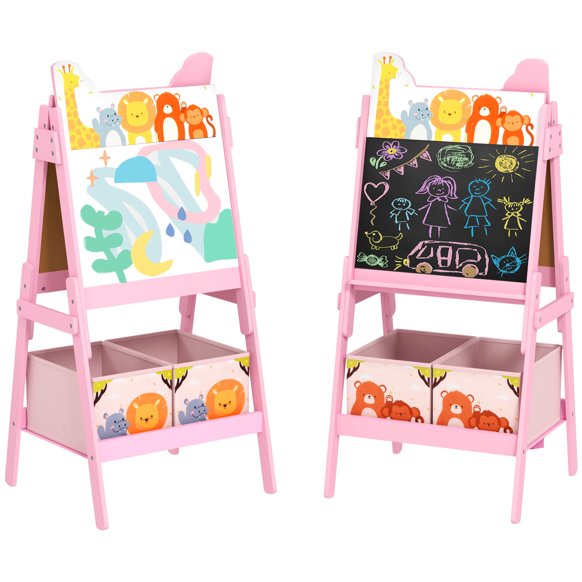 Pizarra Infantil Caballete 2 en 1 Pizarra Infantil de Doble Cara con 2 Cajas de Tela Caballete de Pintura para Niños con Estampado de Animales 53,5x49x113 cm Rosa