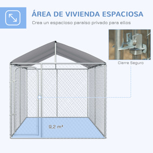 Perrera de Exterior con Toldo Anti-UV Impermeable Parque para Perros con Puerta con Pestillo y Marco de Metal Galvanizado para Patio Jardín Terraza 4x2,3x2,3 m Plata