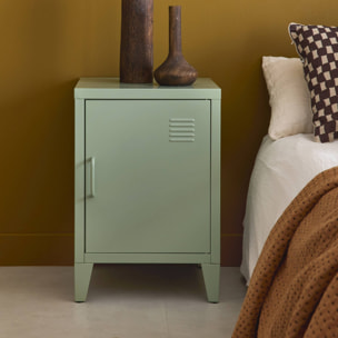 Table de chevet en acier vert. 1 porte. casier. chambre enfant