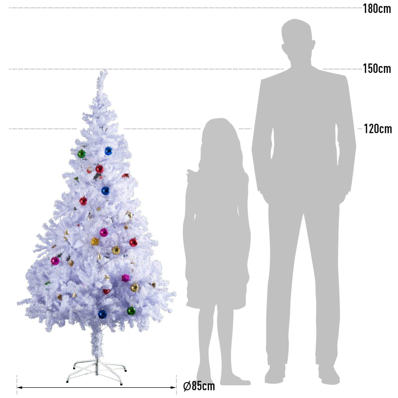 Árbol de Navidad 150cm Artificial Pino con Adornos Decorativos 48 Pcs y Soporte Metálico Color Blanco Árbol Realista para Decoración Navidad